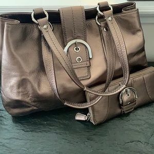 Coach Leather Metallic Bronze Double Strap Buckle Accent Bag & Wallet Set - New